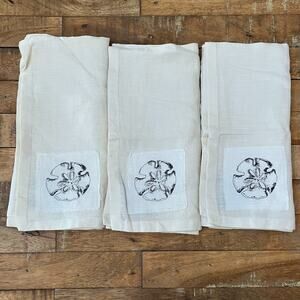 Pottery Barn Ivory Linen Napkin Set of 3 Embroidered Patch 20 x 20
